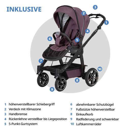 Hartan 4in1 Kombi-Kinderwagen-Set Rockit IT GTR bis 22 kg belastbar mit Falttasche Trend, Babyschale Pebble Pro, Isofix-Basis FamilyFix3, Mückennetz, Regenschutz & Spieltier - Amethyst