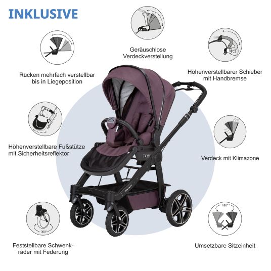 Hartan 4in1 Rockit IT GTR baby carriage set with a load capacity of up to 22 kg with Trend folding bag, Pebble Pro infant car seat, FamilyFix3 Isofix base, mosquito net, rain cover & play animal - Amethyst