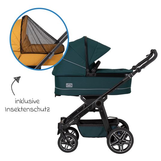 Hartan 4in1 Rockit IT GTR baby carriage set with a load capacity of up to 22 kg with Trend folding bag, Pebble Pro infant car seat, FamilyFix3 Isofix base, mosquito net, rain cover & play animal - Leaf