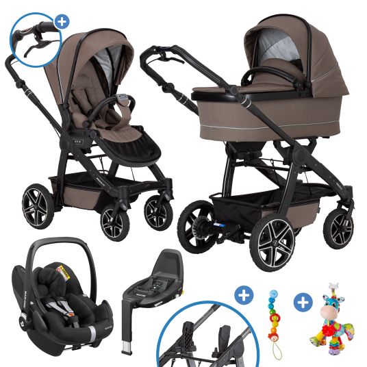 Hartan 4in1 Rockit IT GTR baby carriage set with a load capacity of up to 22 kg with Trend folding bag, Pebble Pro infant car seat, FamilyFix3 Isofix base, mosquito net, rain cover & play animal - Toffee