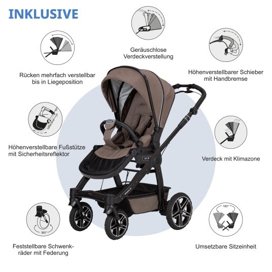 Hartan 4in1 Rockit IT GTR baby carriage set with a load capacity of up to 22 kg with Trend folding bag, Pebble Pro infant car seat, FamilyFix3 Isofix base, mosquito net, rain cover & play animal - Toffee