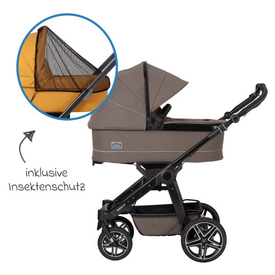 Hartan 4in1 Rockit IT GTR baby carriage set with a load capacity of up to 22 kg with Trend folding bag, Pebble Pro infant car seat, FamilyFix3 Isofix base, mosquito net, rain cover & play animal - Toffee