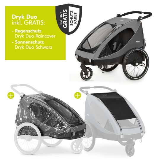 Hauck Rimorchio bici 2in1 Dryk Duo per 2 bambini (fino a 44 kg) - Rimorchio bici e City Buggy - incluso pacchetto di protezione GRATUITO - Grigio