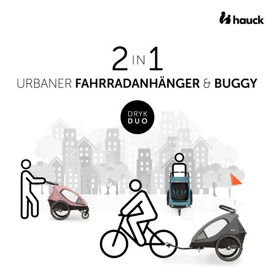 Hauck 2in1 Fahrradanhänger Dryk Duo für 2 Kinder (bis 44 kg) - Bike Trailer & City Buggy - inkl. GRATIS Schutzpaket - Grey