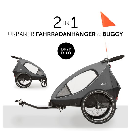 Hauck 2in1 Fahrradanhänger Dryk Duo für 2 Kinder (bis 44 kg) - Bike Trailer & City Buggy - inkl. GRATIS Schutzpaket - Grey