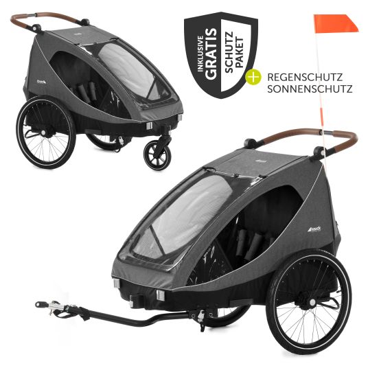 Hauck 2in1 bike trailer Dryk Duo for 2 children (up to 44 kg) - Bike Trailer & City Buggy - incl. FREE protection package - Melange Grey