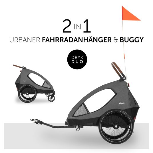 Hauck 2in1 Fahrradanhänger Dryk Duo für 2 Kinder (bis 44 kg) - Bike Trailer & City Buggy - inkl. GRATIS Schutzpaket - Melange Grey