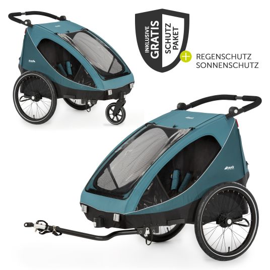 Hauck 2in1 Fahrradanhänger Dryk Duo für 2 Kinder (bis 44 kg) - Bike Trailer & City Buggy - inkl. GRATIS Schutzpaket - Petrol