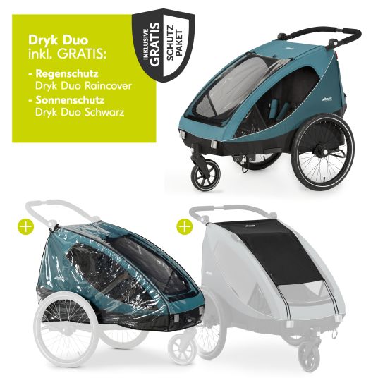 Hauck Rimorchio bici 2in1 Dryk Duo per 2 bambini (fino a 44 kg) - Rimorchio bici e City Buggy - incluso pacchetto di protezione GRATUITO - Benzina