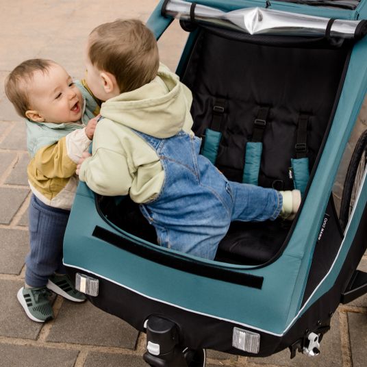 Hauck 2in1 Fahrradanhänger Dryk Duo für 2 Kinder (bis 44 kg) - Bike Trailer & City Buggy - inkl. GRATIS Schutzpaket - Petrol