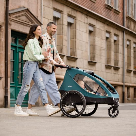 Hauck 2in1 Fahrradanhänger Dryk Duo für 2 Kinder (bis 44 kg) - Bike Trailer & City Buggy - inkl. GRATIS Schutzpaket - Petrol