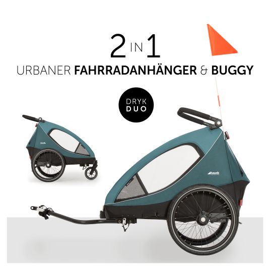 Hauck 2in1 Fahrradanhänger Dryk Duo für 2 Kinder (bis 44 kg) - Bike Trailer & City Buggy - inkl. GRATIS Schutzpaket - Petrol