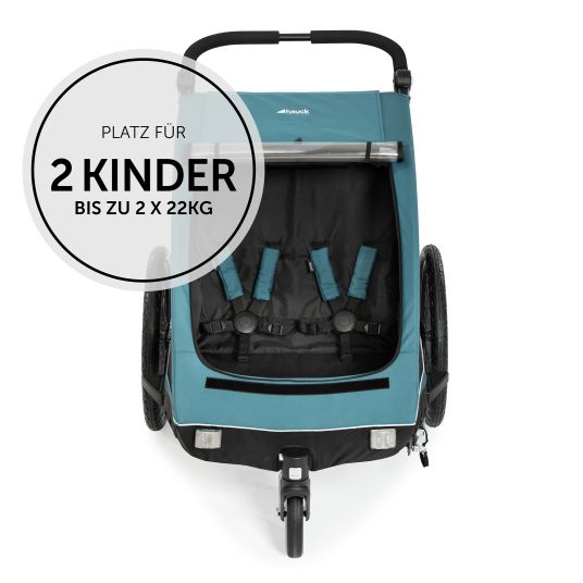 Hauck 2in1 Fahrradanhänger Dryk Duo für 2 Kinder (bis 44 kg) - Bike Trailer & City Buggy - inkl. GRATIS Schutzpaket - Petrol