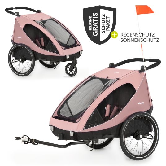 Hauck 2in1 Fahrradanhänger Dryk Duo für 2 Kinder (bis 44 kg) - Bike Trailer & City Buggy - inkl. GRATIS Schutzpaket - Rose