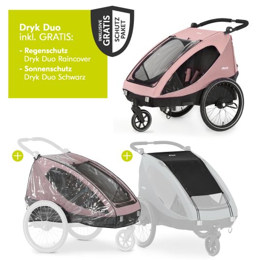 Hauck 2in1 Fahrradanhänger Dryk Duo für 2 Kinder (bis 44 kg) - Bike Trailer & City Buggy - inkl. GRATIS Schutzpaket - Rose