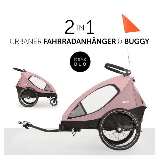 Hauck Rimorchio bici 2in1 Dryk Duo per 2 bambini (fino a 44 kg) - Rimorchio bici e city buggy - incluso pacchetto di protezione GRATUITO - Rosa