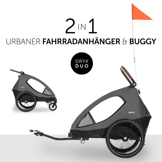Hauck 2in1 Fahrradanhänger Dryk Duo für 2 Kinder (bis 44 kg) - Bike Trailer & City Buggy - Melange Grey