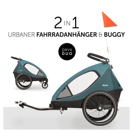 Hauck 2in1 bike trailer Dryk Duo for 2 children (up to 44 kg) - Bike Trailer & City Buggy - Ocean Green