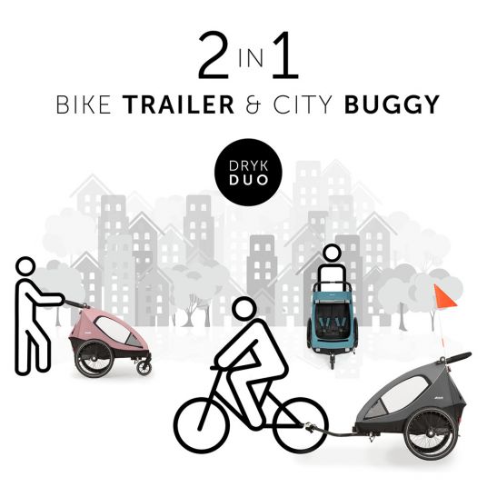 Hauck 2in1 Fahrradanhänger Dryk Duo für 2 Kinder (bis 44 kg) - Bike Trailer & City Buggy - Petrol