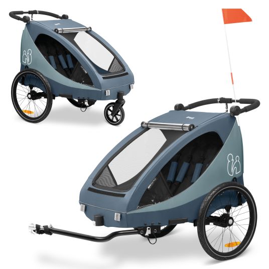 Hauck Rimorchio bici 2in1 Dryk Duo Plus per 2 bambini (fino a 44 kg) - Rimorchio bici e passeggino da città - Blu scuro