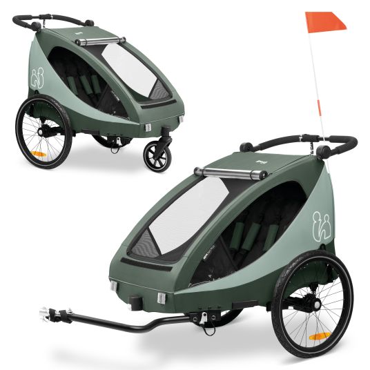Hauck 2in1 Fahrradanhänger Dryk Duo Plus für 2 Kinder (bis 44 kg) - Bike Trailer & City Buggy - Dark Green