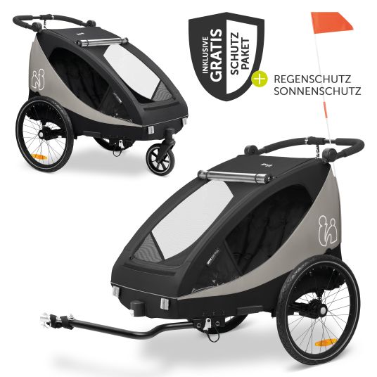 Hauck Rimorchio bici 2in1 Dryk Duo Plus per 2 bambini (fino a 44 kg) - Rimorchio bici e city buggy - incluso pacchetto di protezione GRATUITO - Nero