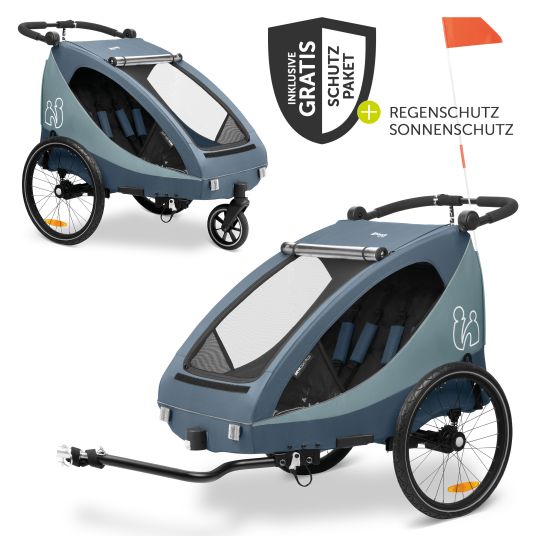 Hauck 2in1 Fahrradanhänger Dryk Duo Plus für 2 Kinder (bis 44 kg) - Bike Trailer & City Buggy - inkl. GRATIS Schutzpaket - Dark Blue