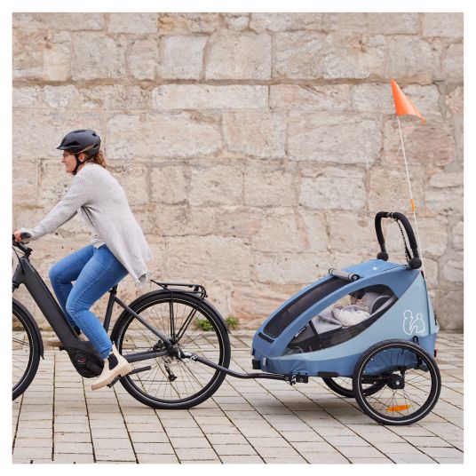 Hauck Rimorchio bici 2in1 Dryk Duo Plus per 2 bambini (fino a 44 kg) - Rimorchio bici e city buggy - incluso pacchetto di protezione GRATUITO - Blu scuro