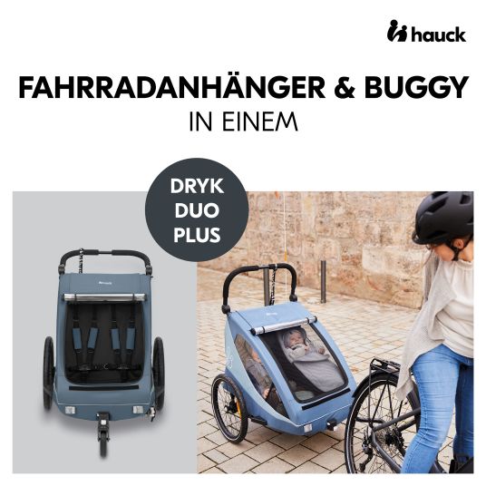 Hauck Rimorchio bici 2in1 Dryk Duo Plus per 2 bambini (fino a 44 kg) - Rimorchio bici e city buggy - incluso pacchetto di protezione GRATUITO - Blu scuro