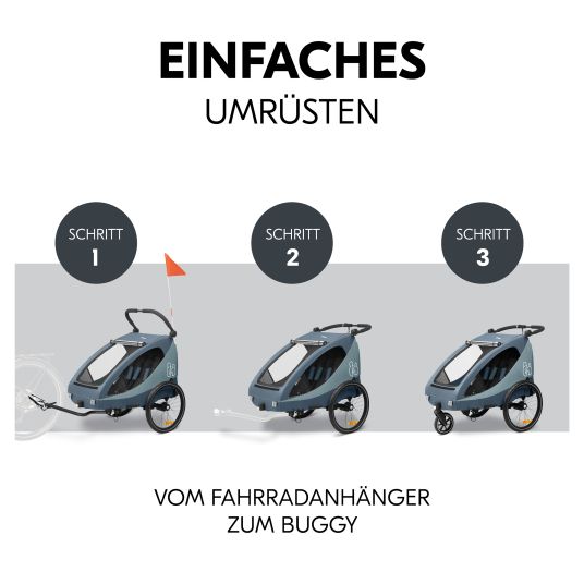 Hauck Rimorchio bici 2in1 Dryk Duo Plus per 2 bambini (fino a 44 kg) - Rimorchio bici e city buggy - incluso pacchetto di protezione GRATUITO - Blu scuro