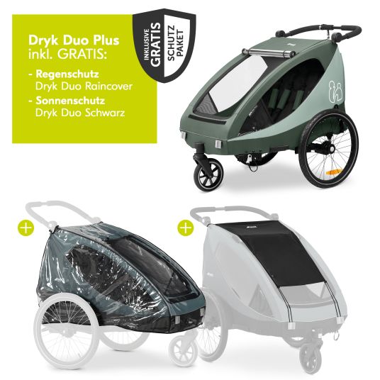 Hauck Rimorchio bici 2in1 Dryk Duo Plus per 2 bambini (fino a 44 kg) - Rimorchio bici e city buggy - incluso pacchetto di protezione GRATUITO - Verde scuro