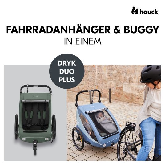 Hauck 2in1 bike trailer Dryk Duo Plus for 2 children (up to 44 kg) - Bike Trailer & City Buggy - incl. FREE protection package - Dark Green