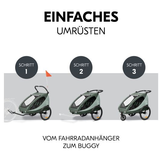 Hauck 2in1 bike trailer Dryk Duo Plus for 2 children (up to 44 kg) - Bike Trailer & City Buggy - incl. FREE protection package - Dark Green