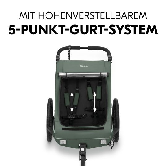 Hauck 2in1 Fahrradanhänger Dryk Duo Plus für 2 Kinder (bis 44 kg) - Bike Trailer & City Buggy - inkl. GRATIS Schutzpaket - Dark Green