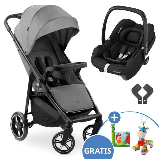 Hauck Set passeggino 2in1 Shop n Care Duo Set - incl. Cabriofix Maxi-Cosi i-Size, adattatore + libro GRATUITO degli animali XL e passeggino con angolo dentizione - Grigio