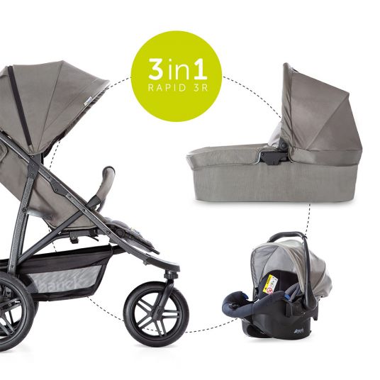 Hauck 3in1 Pram Set Rapid 3R Plus (up to 25 kg) Comfort Fix Car seat, rain cover and insect protection - Charcoal