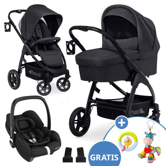 Hauck Set passeggino 3in1 Saturn R Trio Set - incluso Cabriofix Maxi-Cosi i-Size, adattatore + giocattolo appeso e palla con sonaglio GRATIS - Nero Melange