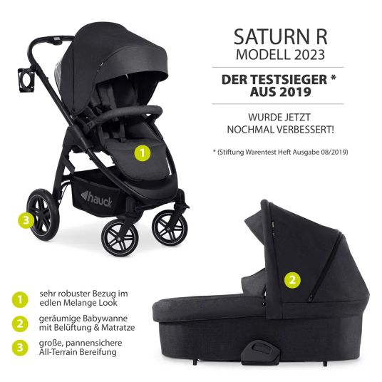 Hauck 3in1 Kinderwagen-Set Saturn R Trio Set - inkl. Maxi-Cosi i-Size Cabriofix, Adapter + GRATIS Spieltier zum Aufhängen & Greifling Rasselkugel - Melange Black