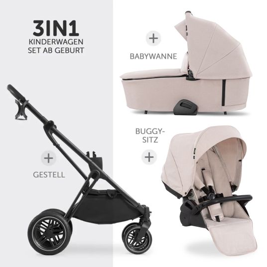 Hauck 3in1 stroller set Vision X Trio Set Black - incl. i-Size infant car seat Drive N Care & XXL accessory pack - Melange Beige