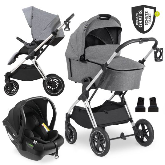 Hauck 3in1 stroller set Vision X Trio Set Black - incl. i-Size infant car seat Drive N Care & XXL accessory pack - Melange Grey