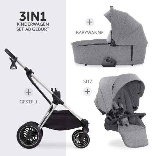 Hauck 3in1 stroller set Vision X Trio Set Black - incl. i-Size infant car seat Drive N Care & XXL accessory pack - Melange Grey