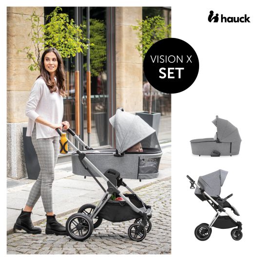 Hauck 3in1 Kinderwagen-Set Vision X Trio Set Black - inkl. i-Size Babyschale Drive N Care & XXL Zubehörpaket - Melange Grey