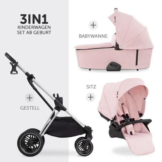 Hauck Set passeggino 3in1 Vision X Trio Set Black - incl. seggiolino auto i-Size Drive N Care e pacchetto accessori XXL - Melange Rose