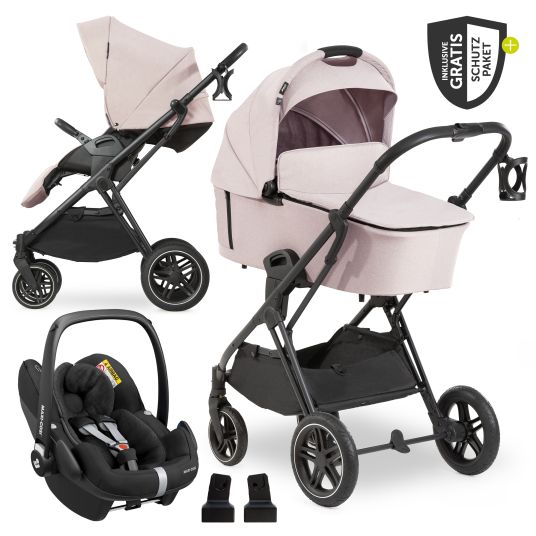 Hauck Set passeggino 3in1 Vision X Trio Set Black - incluso pacchetto accessori Maxi-Cosi i-Size Pebble Pro e XXL - Melange Beige