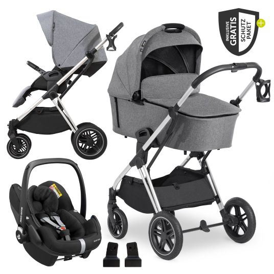 Hauck 3in1 Kinderwagen-Set Vision X Trio Set Silver - inkl. Maxi-Cosi i-Size Pebble Pro & XXL Zubehörpaket - Melange Grey