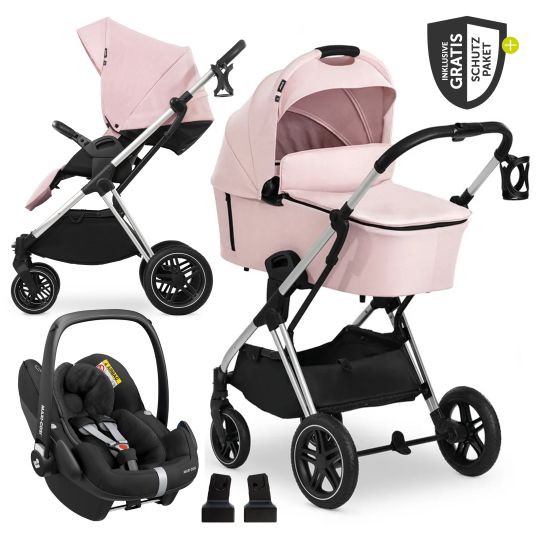 Hauck 3in1 Kinderwagen-Set Vision X Trio Set Silver - inkl. Maxi-Cosi i-Size Pebble Pro & XXL Zubehörpaket - Melange Rose