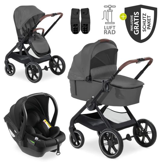 Hauck 3in1 Kinderwagen-Set Walk N Care Air Trio Set inkl. i-Size Babyschale Drive N Care & XXL Zubehörpaket - Dark Grey