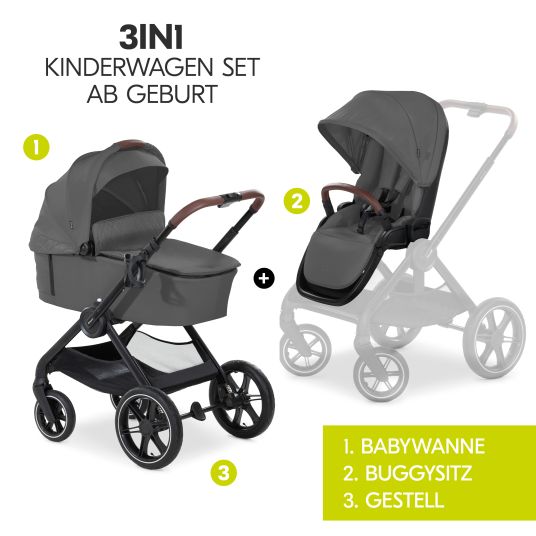 Hauck 3in1 Kinderwagen-Set Walk N Care Air Trio Set inkl. i-Size Babyschale Drive N Care & XXL Zubehörpaket - Dark Grey