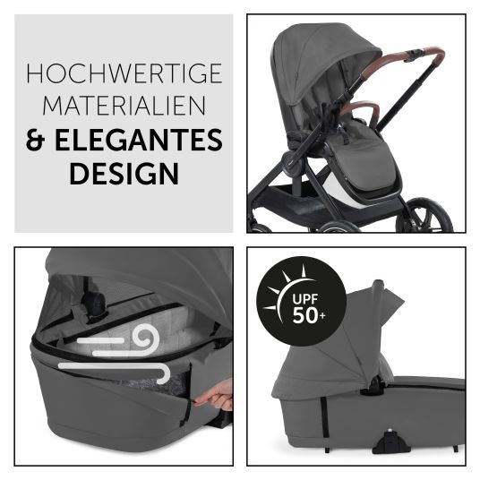 Hauck 3in1 Kinderwagen-Set Walk N Care Air Trio Set inkl. i-Size Babyschale Drive N Care & XXL Zubehörpaket - Dark Grey