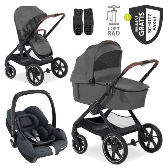 Hauck Set passeggino 3in1 Walk N Care Air Trio Set con Maxi-Cosi i-Size Cabriofix e pacchetto accessori XXL - Grigio scuro